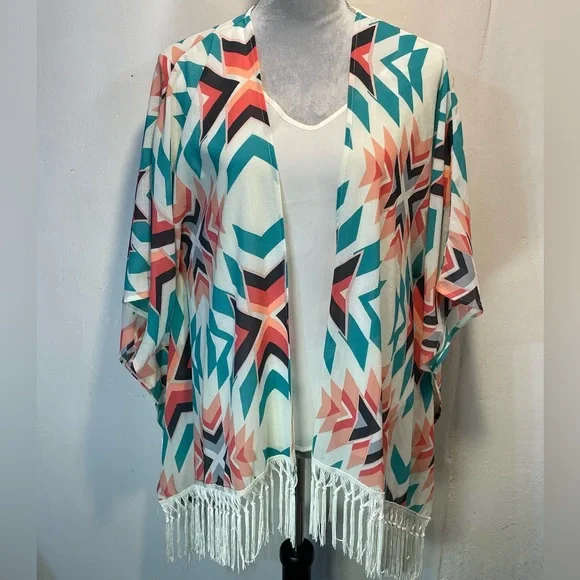 #0224 Xhilaration Geometric Kimono with Aztec Pattern, Sleeves, & Fringe-XS - Picture 1 of 7